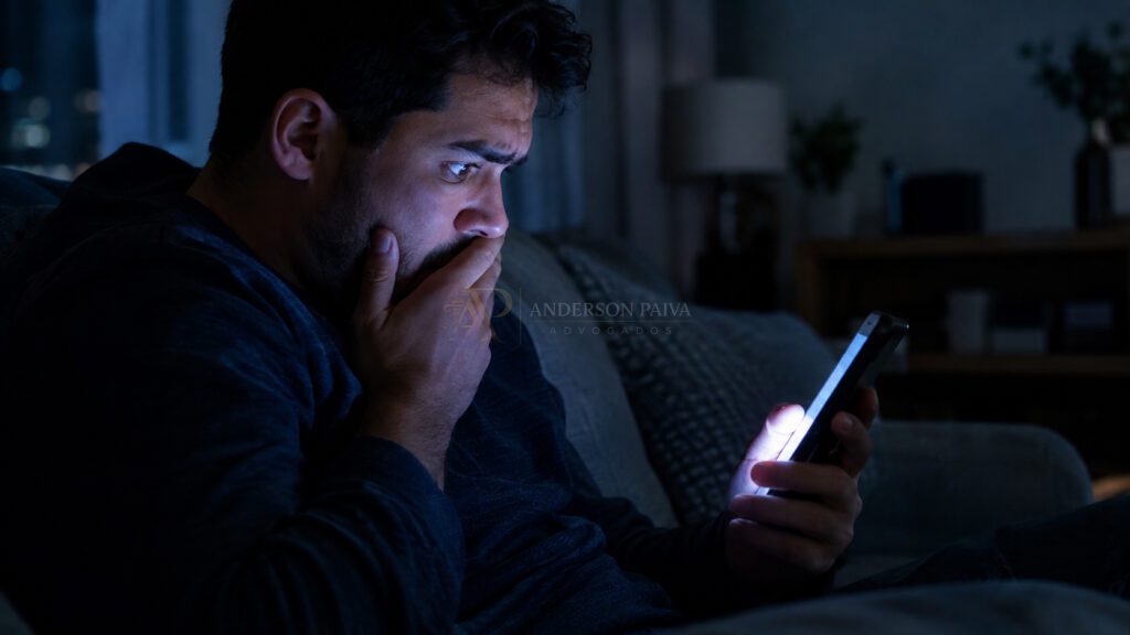 vítima de golpe do pix percebendo transferência não autorizada no celular